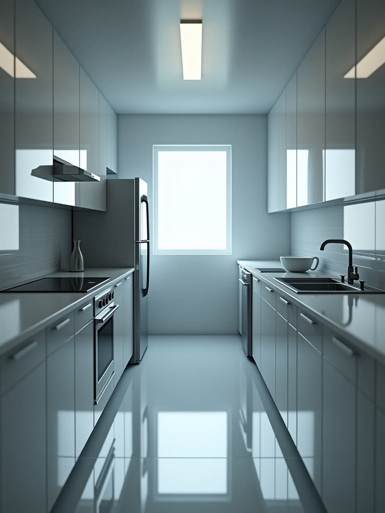  high quality portrait photo of a small galley kitchen with a monochromatic color scheme, reflective surfaces, and a clear sight line emphasizing the illusion of space hyperrealistic, full body, detailed clothing, highly detailed, cinematic lighting, stunningly beautiful, intricate, sharp focus, f/1. 8, 85mm, (centered image composition), (professionally color graded), ((bright soft diffused light)), volumetric fog, trending on instagram, trending on tumblr, HDR 4K, 8K