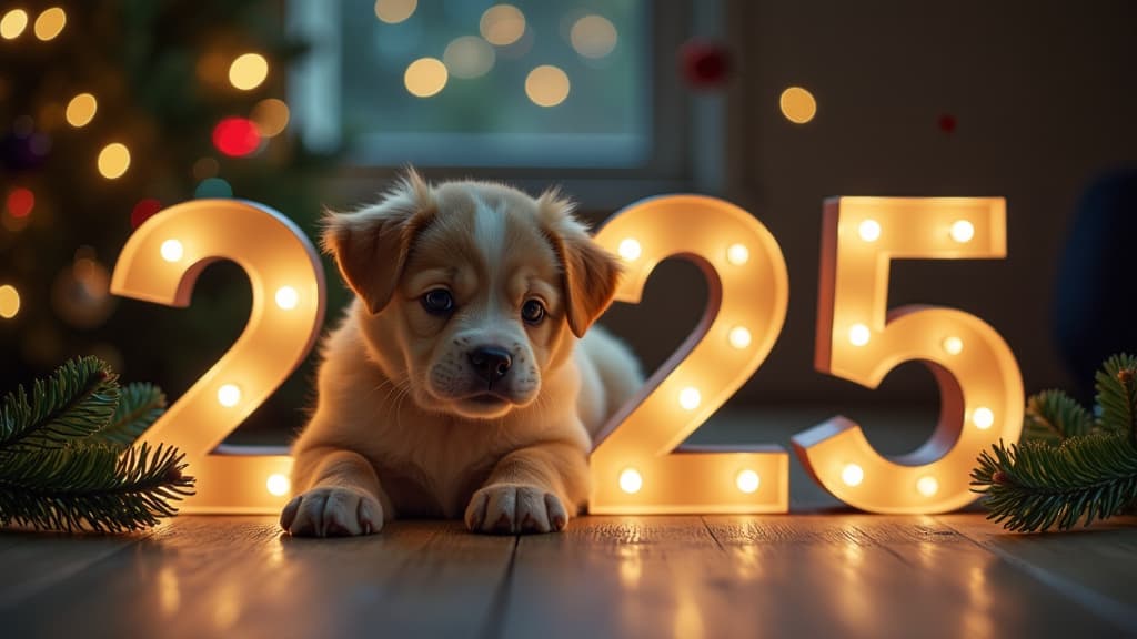  professional detailed photography, "2025" in large letters, instead of the letter "0" there is a fat puppy, a veterinary clinic, garland lights, fir branches , (muted colors, dim colors, soothing tones), (vsco:0.3)