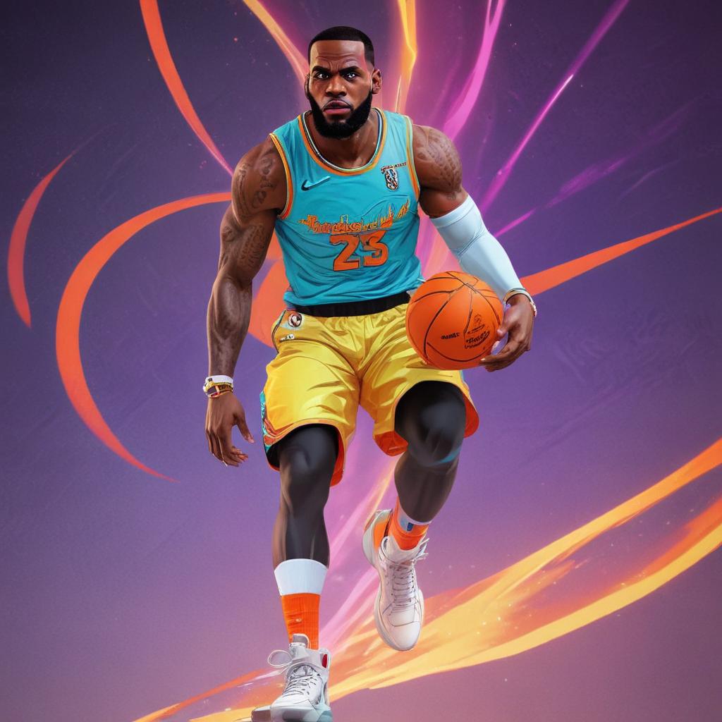 distance-shot, flashy, full-body, dynamic, holographic, animated cartoon poster of lebron james in the style of dragon ball super