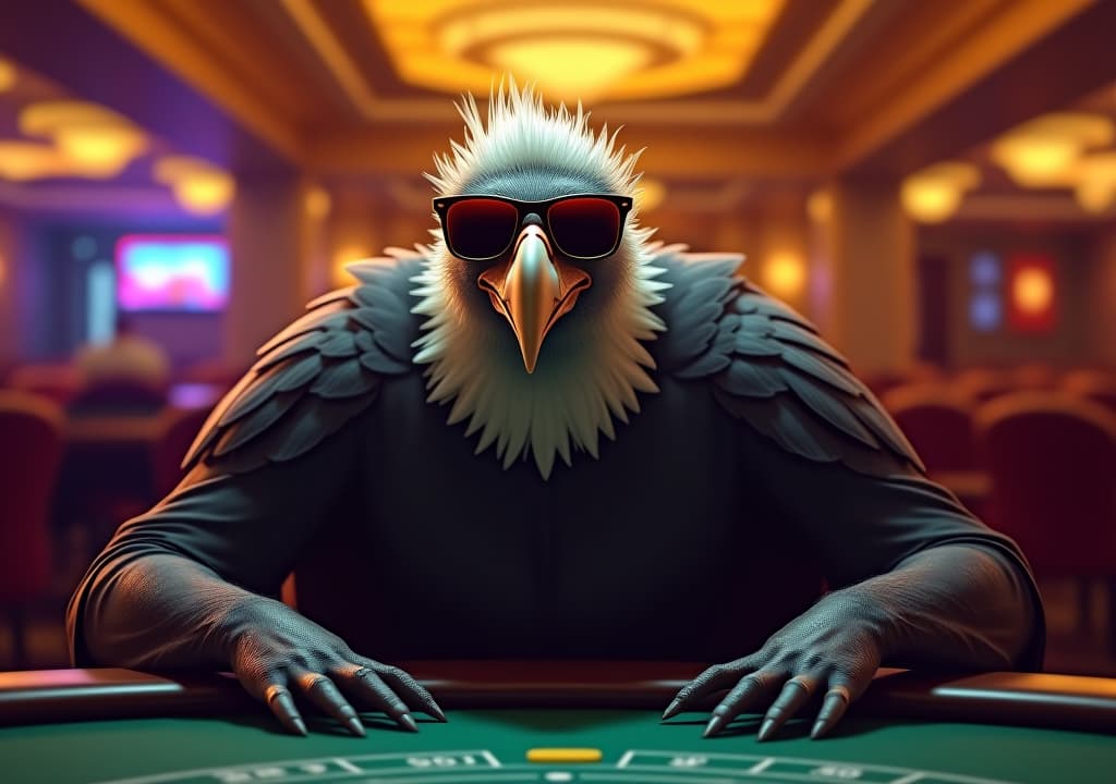  a vulture wearing sunglasses sits in a casino, ready to gamble