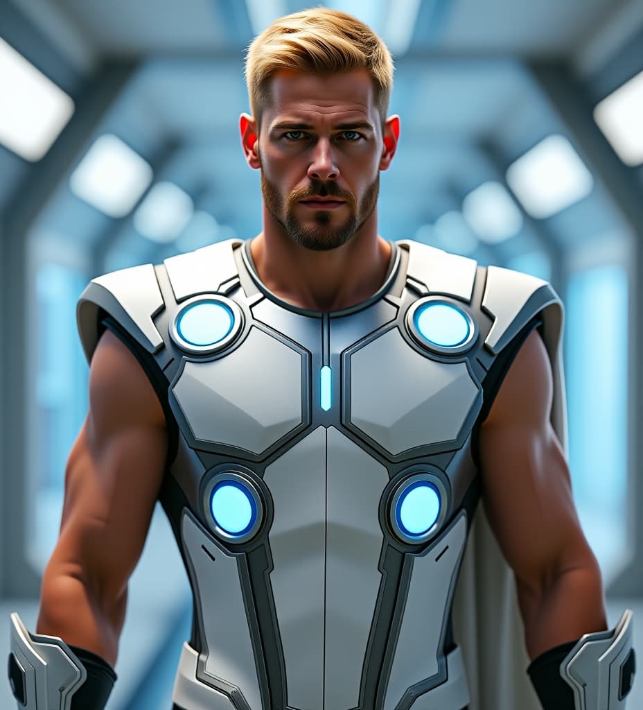  subject: thor, the god of thunder, portrayed by chris hemsworth. costume: white and silver armor with glowing blue accents on the chest and shoulders. the armor has a sleek, futuristic design with intricate details. appearance: thor has a short, blond haircut and a beard. he has a determined expression on his face. background: a blurred, futuristic hallway with white walls and blue lighting. lighting: soft lighting with a focus on thor's face and armor. pose: thor is standing with his shoulders squared, facing the camera.