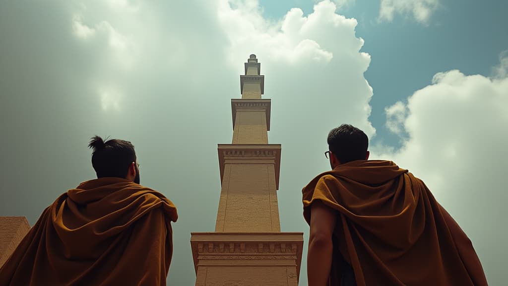  a close encounter of ancient builders looking up in awe as the tower begins to reach the clouds above, symbolizing their aspirations. hyperrealistic, full body, detailed clothing, highly detailed, cinematic lighting, stunningly beautiful, intricate, sharp focus, f/1. 8, 85mm, (centered image composition), (professionally color graded), ((bright soft diffused light)), volumetric fog, trending on instagram, trending on tumblr, HDR 4K, 8K