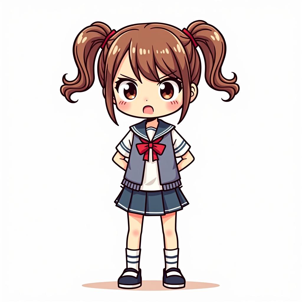  a cute cartoon style drawing depicting a girl who is standing in a school uniform, shoes on her feet, a girl is angry