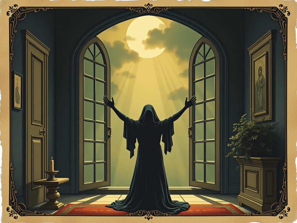  person inviting new energy, open windows, bright sunlight, fresh air, prosperous and peaceful atmosphere. an illustration in the style of a worn, mystical old tarot trump card, mysterious and elements of surrealism. the colors are muted, somber and eerie, but with contrast bring out an occult and esoteric vibe.