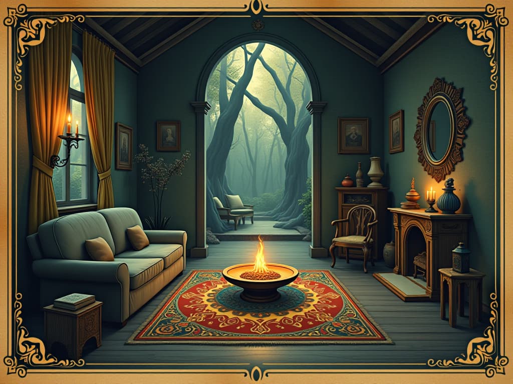  a serene, harmonious home environment, spiritual sanctuary, flowing positive energy, calm and soothing ambiance. an illustration in the style of a worn, mystical old tarot trump card, mysterious and elements of surrealism. the colors are muted, somber and eerie, but with contrast bring out an occult and esoteric vibe.