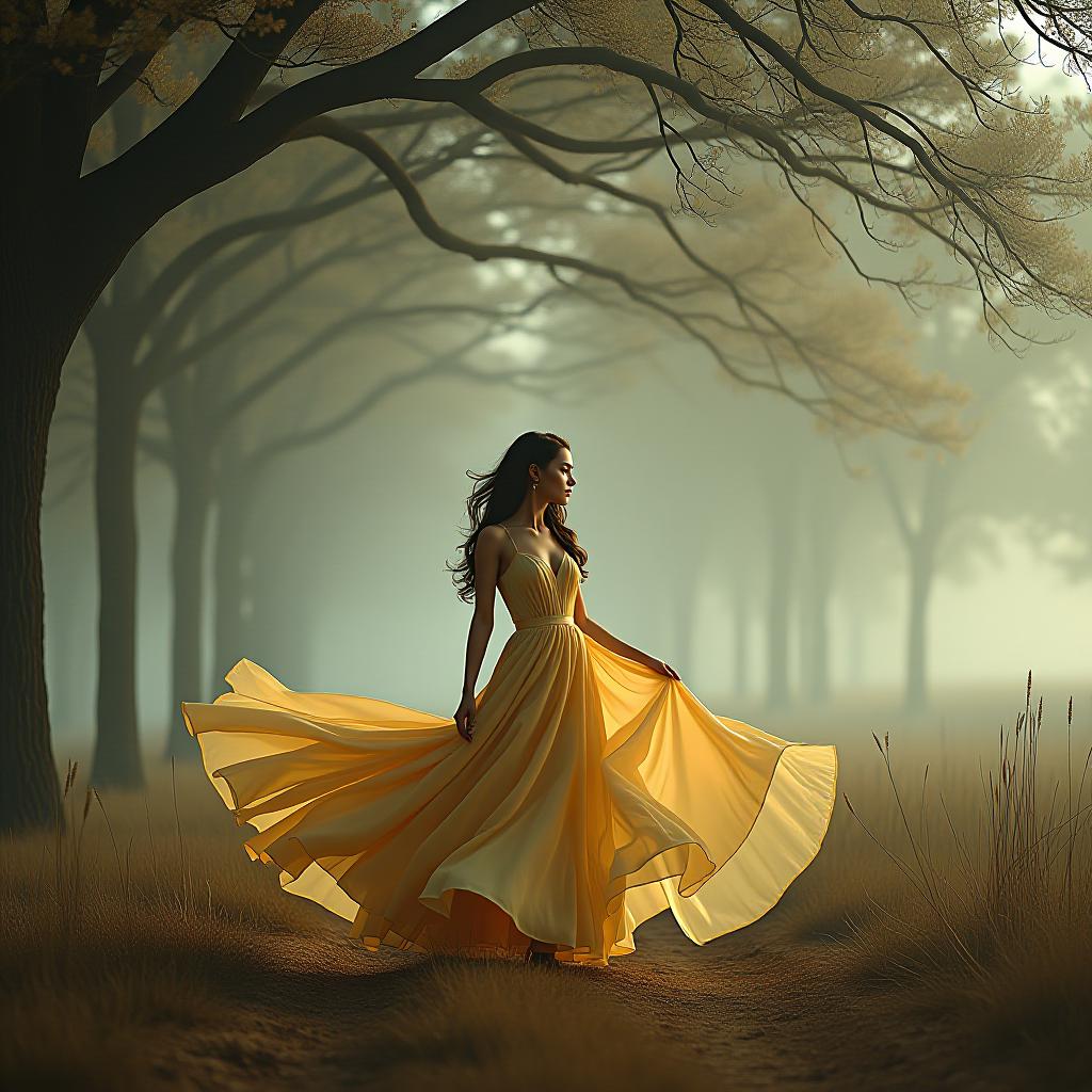  beautiful woman standing under a tree while wind is blowing her dress hyperrealistic, full body, detailed clothing, highly detailed, cinematic lighting, stunningly beautiful, intricate, sharp focus, f/1. 8, 85mm, (centered image composition), (professionally color graded), ((bright soft diffused light)), volumetric fog, trending on instagram, trending on tumblr, HDR 4K, 8K