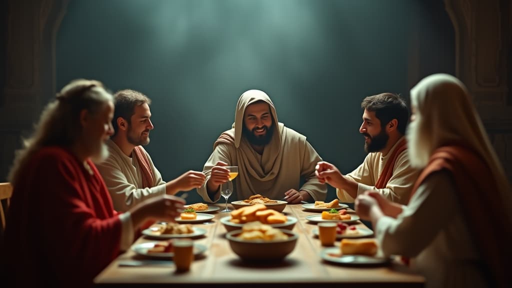  history of biblical times, the family shares a meal together after the agreement, with warmth and unity among them. hyperrealistic, full body, detailed clothing, highly detailed, cinematic lighting, stunningly beautiful, intricate, sharp focus, f/1. 8, 85mm, (centered image composition), (professionally color graded), ((bright soft diffused light)), volumetric fog, trending on instagram, trending on tumblr, HDR 4K, 8K