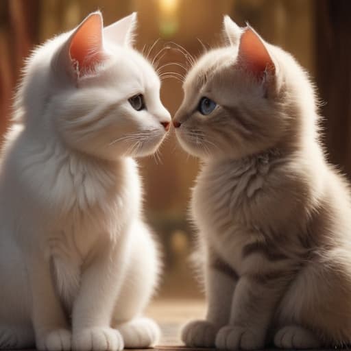 Generate animation images, Make an image where one cat confesses his love to another cat. Cats should be realistic and cute. This image should serve as a postcard to my young man.