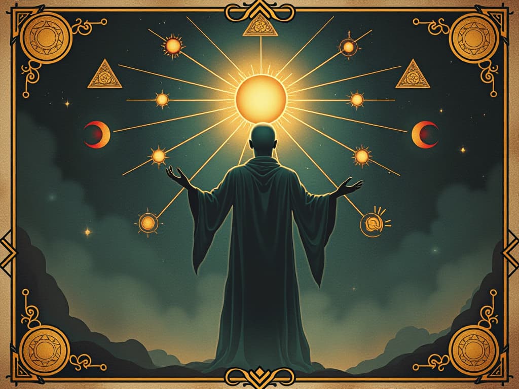  a figure attuning to higher frequencies, surrounded by light waves and cosmic symbols, emphasizing understanding and purpose, mystical, radiant, enlightening. an illustration in the style of a worn, mystical old tarot trump card, mysterious and elements of surrealism. the colors are muted, somber and eerie, but with contrast bring out an occult and esoteric vibe.