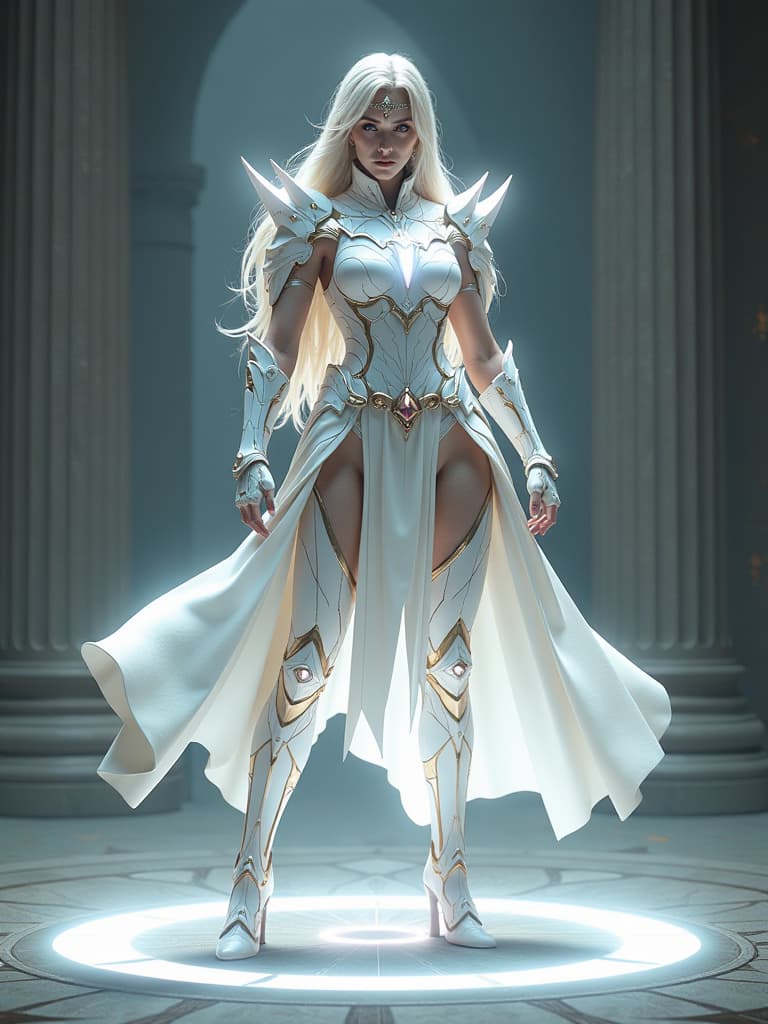  full body photorealistic beautiful and gorgeous cassandra , wearing a white biomechanical filament metallic spirit armor,, and spirit headband, holding a white shining jewel,, standing on a white magic circle,,nether body . fighting stance., look at camera, detailed facial parts,, fantasy as background, freestyle pose,, perfect anatomy, symmetric body,, 1, :: high detail, a lean athletic body, realistic, human skin, extremely detailed fingers, chad chin, human skin, (eyes contact), gorgeous, attractive