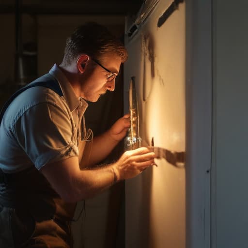 A photo of a seasoned appliance repair technician fine-tuning the intricate wiring of a vintage refrigerator in a dimly lit, cluttered workshop in the early evening. The warm, soft glow of a single overhead incandescent bulb casts dramatic shadows on the technician's focused expression, emphasizing the delicate precision required in appliance repair.