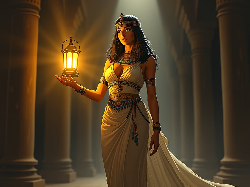  a radiant large busted goddess in a form fitting gown, holding a lantern of golden light, illuminating dark and serene corners of an ancient temple, atmosphere of bringing light to darkness.. the style is digital art illustration / modern comic book / mysterious occult, symbolic, esoteric vibe,high detail on character design, incorporating ancient egyptian symbology and attire.