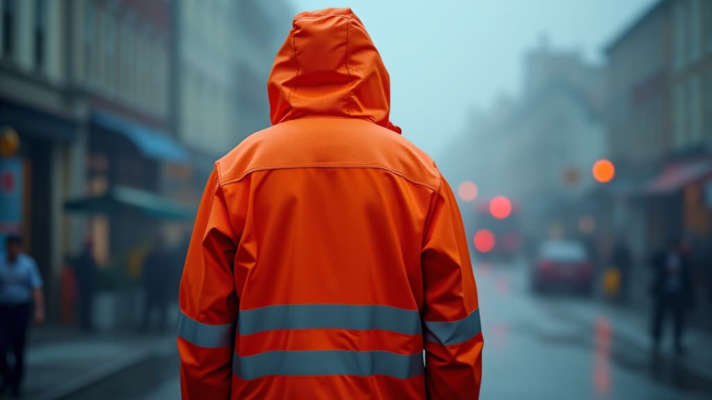  a safety orange rain jacket with reflective stripes, designed for visibility and weather resistance., high quality, high details, hd, perfect composition, 4k epic detailed, highly detailed, sharp focus, high resolution