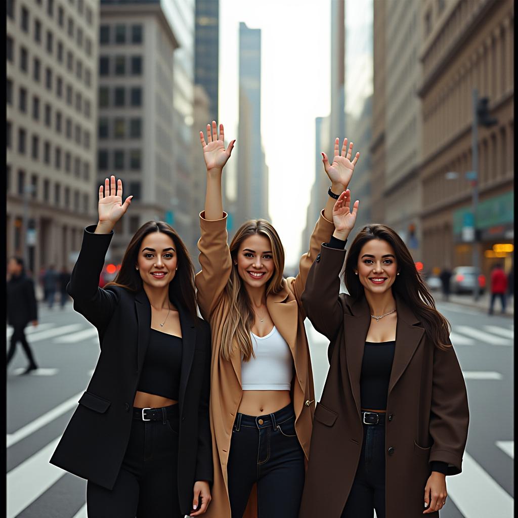  filmic photo of a group of three women on a street downtown, they are holding their hands up the camera