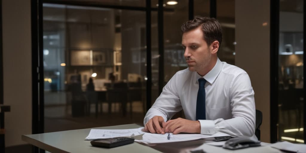 man seated on a table in a office at night