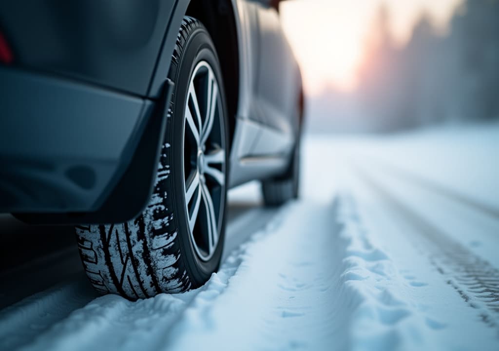  close up side view of a car with a winter tires on snowy road. tires on snowy highway detail. space for text. drive safe concept on winter or spring holidays adventures