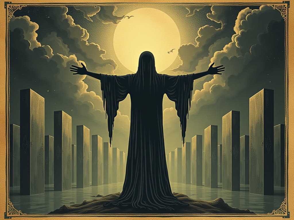  a figure with outstretched arms against a backdrop of dissolving barriers, transcending limitations, ethereal transformation, breaking bounds. an illustration in the style of a worn, mystical old tarot trump card, mysterious and elements of surrealism. the colors are muted, somber and eerie, but with contrast bring out an occult and esoteric vibe.