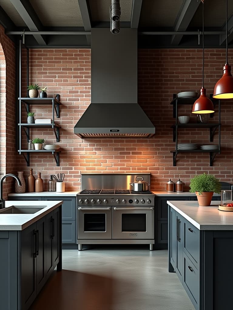  high quality portrait photo of an industrial chic kitchen featuring exposed brick walls, concrete countertops, metal pendant lights, and open metal shelving, with a large stainless steel range hood as the centerpiece, shot from a wide angle hyperrealistic, full body, detailed clothing, highly detailed, cinematic lighting, stunningly beautiful, intricate, sharp focus, f/1. 8, 85mm, (centered image composition), (professionally color graded), ((bright soft diffused light)), volumetric fog, trending on instagram, trending on tumblr, HDR 4K, 8K