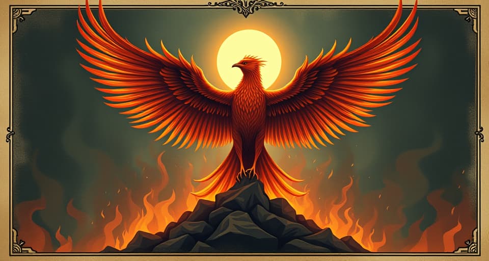  phoenix rising from smoldering ashes, untouchable, resplendent wings, aura of power, triumphant rebirth. an illustration in the style of a worn, mystical old tarot trump card, mysterious and elements of surrealism. the colors are muted, somber and eerie, but with contrast bring out an occult and esoteric vibe.