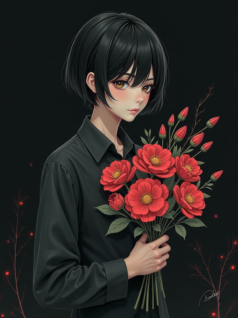  a drawing of a young man holding a bunch of flowers, cinematic lain fractal lain, instagram art, short hair cut, grieving, baki, necrosis, manga comic, analogic photograph, dead plants, black walls, guilty crown, at instagram, with a bob cut, botany, concept art of single boy hyperrealistic, full body, detailed clothing, highly detailed, cinematic lighting, stunningly beautiful, intricate, sharp focus, f/1. 8, 85mm, (centered image composition), (professionally color graded), ((bright soft diffused light)), volumetric fog, trending on instagram, trending on tumblr, HDR 4K, 8K