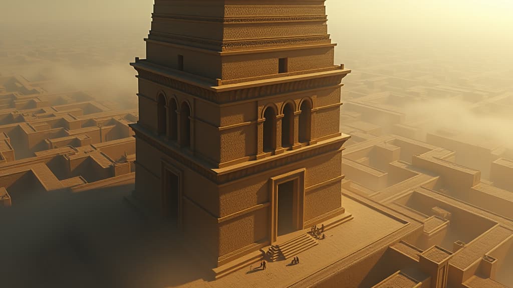  an aerial perspective of the tower of babel, showcasing its immense height and structure, with people working at its base. hyperrealistic, full body, detailed clothing, highly detailed, cinematic lighting, stunningly beautiful, intricate, sharp focus, f/1. 8, 85mm, (centered image composition), (professionally color graded), ((bright soft diffused light)), volumetric fog, trending on instagram, trending on tumblr, HDR 4K, 8K