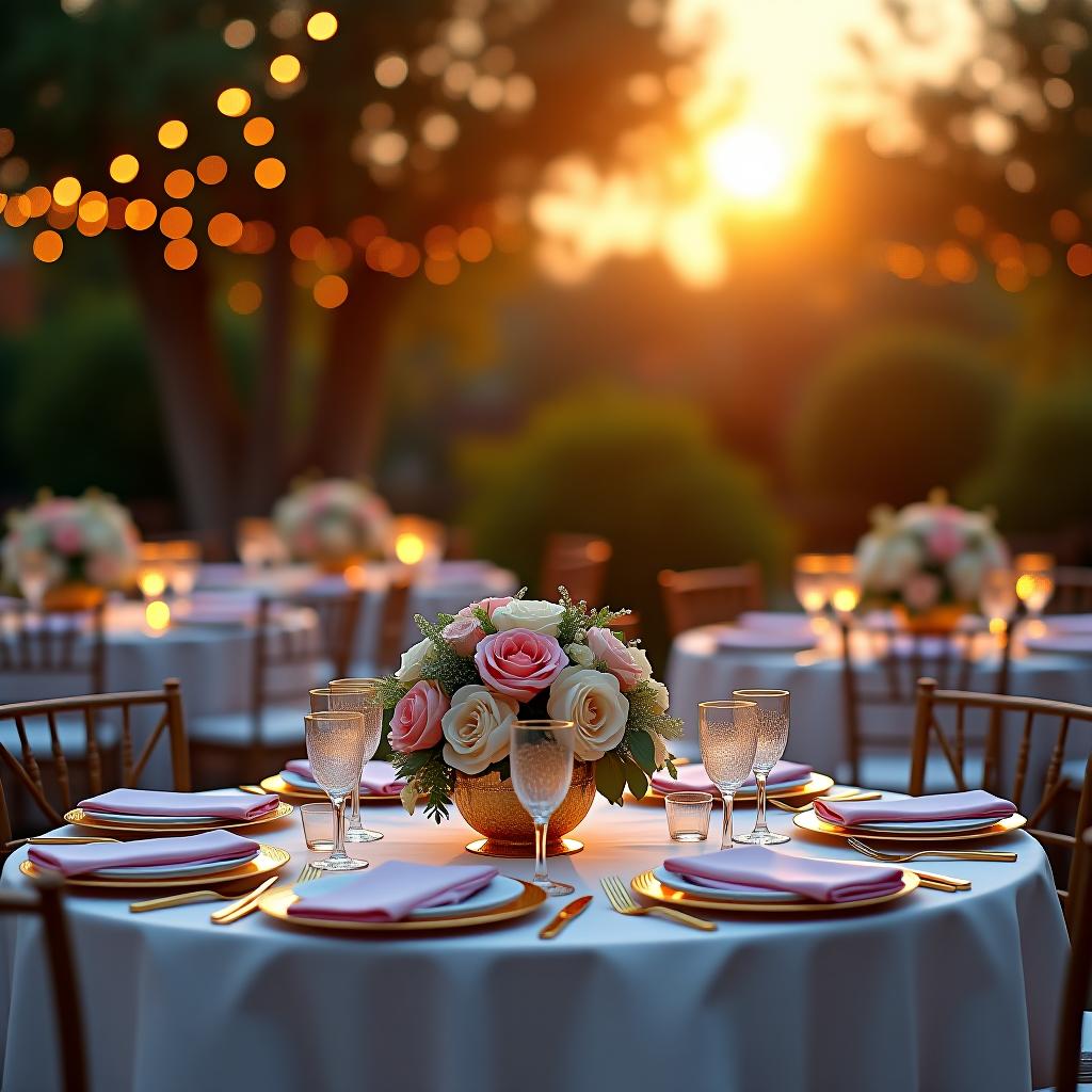  a luxurious outdoor wedding setup at sunset, featuring elegantly decorated tables with white linens, golden cutlery, and floral centerpieces in pastel colors. the background showcases a serene garden with fairy lights hanging from trees, creating a romantic and enchanting atmosphere. the image should have a warm, golden glow, capturing the essence of a perfect evening event. the style should be high end and sophisticated, with a focus on elegance and attention to detail.ensure all images are clear, detailed, contains no text and no deformities. realistic, highly detailed, photorealistic, cinematic lighting, intricate, sharp focus, f/1.8, 85mm, (centered image composition), (professionally color graded), ((bright soft diffused light)), hdr 4