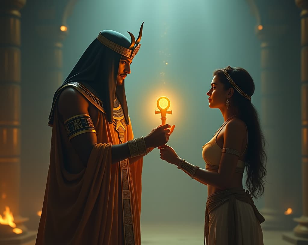  an ancient goddess offering a glowing ankh to a person, sense of audacity and reward, atmosphere of being unapologetically oneself. the style is digital art illustration / modern comic book / mysterious occult, symbolic, esoteric vibe,high detail on character design, incorporating ancient egyptian hyperrealistic, full body, detailed clothing, highly detailed, cinematic lighting, stunningly beautiful, intricate, sharp focus, f/1. 8, 85mm, (centered image composition), (professionally color graded), ((bright soft diffused light)), volumetric fog, trending on instagram, trending on tumblr, HDR 4K, 8K