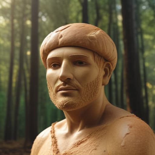 A man made of bread in Cinematic style with Forests background