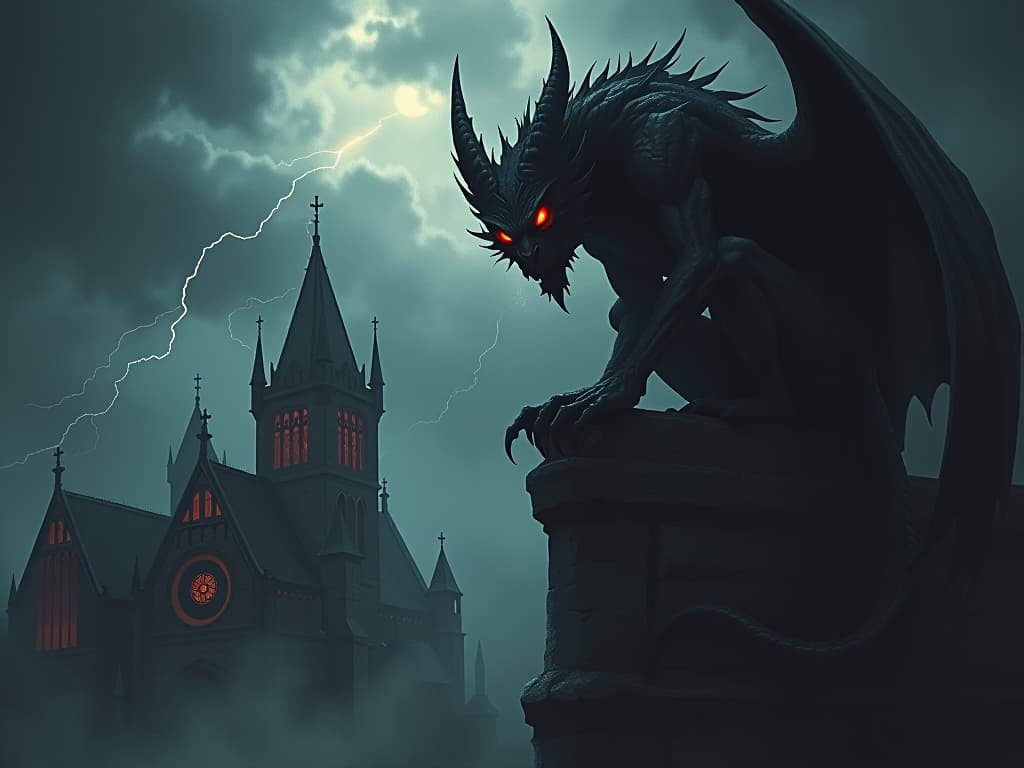  gargoyle perched on a crumbling cathedral, eyes glowing with inner fire. thunderstorm backdrop, turbulent skies, essence of internal turmoil.. the style is dark fantasy and mysterious occult, symbolic, moody lighting, esoteric vibe,high detail on character design. for the color scheme emphasize blacks and reds.