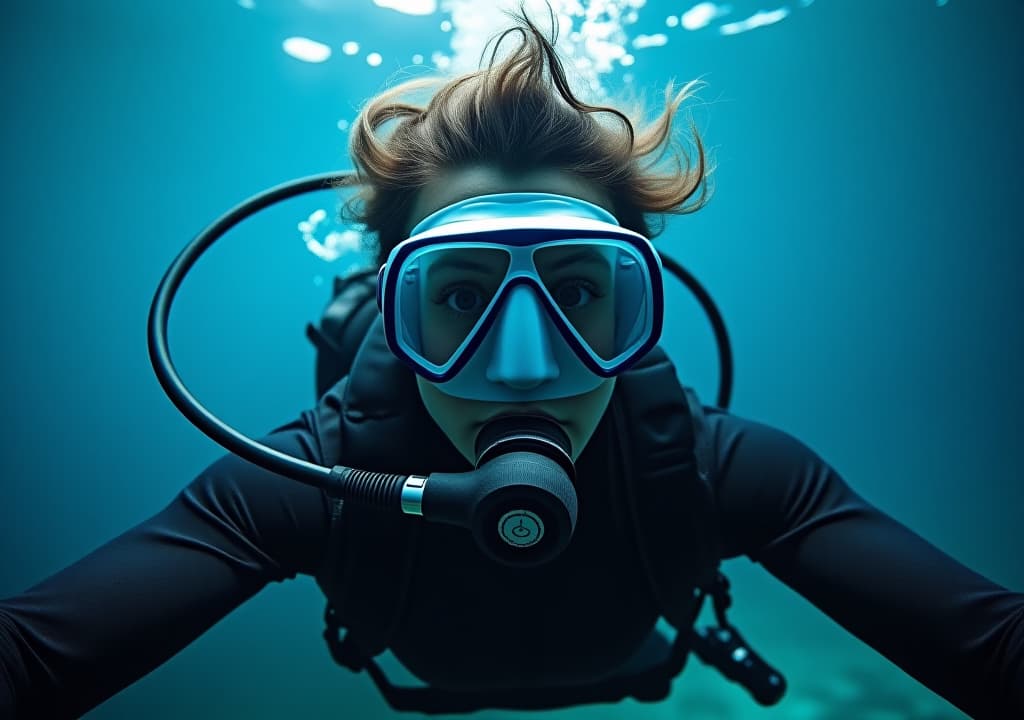  an underwater diver exploring the ocean depths with a full face mask, surrounded by captivating blue water.