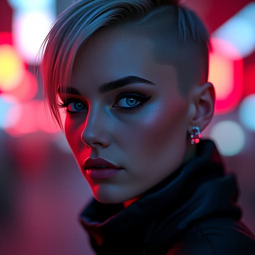  ultra realistic close up portrait ((beautiful pale cyberpunk female with heavy black eyeliner)), blue eyes, shaved side haircut, hyper detail, cinematic lighting, magic neon, dark red city, canon eos r3, nikon, f/1.4, iso 200, 1/160s, 8k, raw, unedited, symmetrical balance, in frame, 8k hyperrealistic, full body, detailed clothing, highly detailed, cinematic lighting, stunningly beautiful, intricate, sharp focus, f/1. 8, 85mm, (centered image composition), (professionally color graded), ((bright soft diffused light)), volumetric fog, trending on instagram, trending on tumblr, HDR 4K, 8K