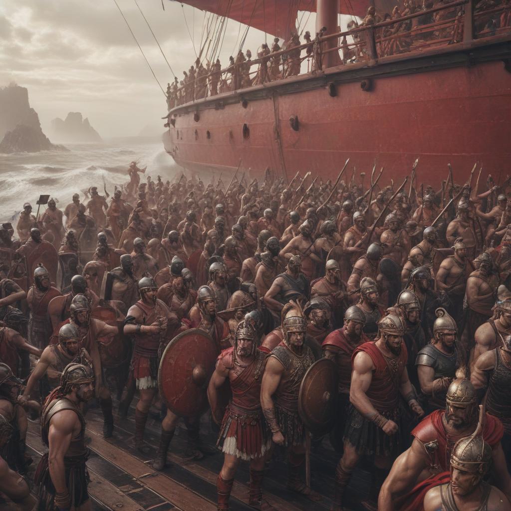 A group shot of Achilles' army of Myrmidon warriors on the deck of the ship, including his dear friend Patroclus, exuding loyalty and camaraderie, as they prepare to unleash their might on the distant shores, with waves crashing against the ship, adding a sense of urgency and anticipation"in the style of classical Greek pottery art, with intricate black figures on a red background, depicting mythological scenes with a focus on gods and heroes, using a limited color palette of red, black, and white"This image is a breathtaking painting that captures the magical scene with vivid detail. The overall composition is spellbinding, showcasing a perfect harmony. photorealism fantasy, unreal engine 5, concept hyperrealistic, full body, detailed clothing, highly detailed, cinematic lighting, stunningly beautiful, intricate, sharp focus, f/1. 8, 85mm, (centered image composition), (professionally color graded), ((bright soft diffused light)), volumetric fog, trending on instagram, trending on tumblr, HDR 4K, 8K