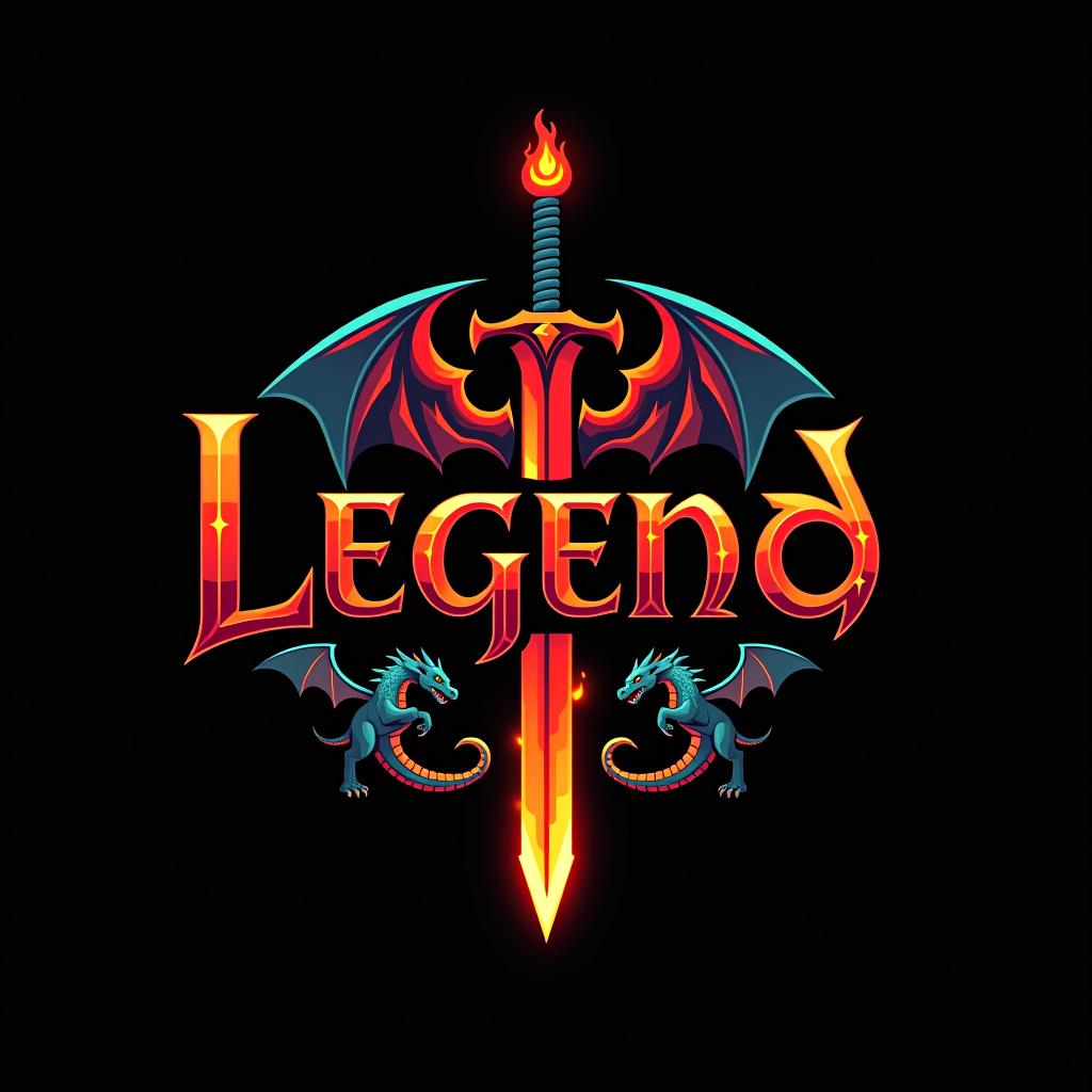  design a logo, custom sticker design on an isolated black background with the words ‘legend’ in bold font decorated by mythical dragons and a flaming sword