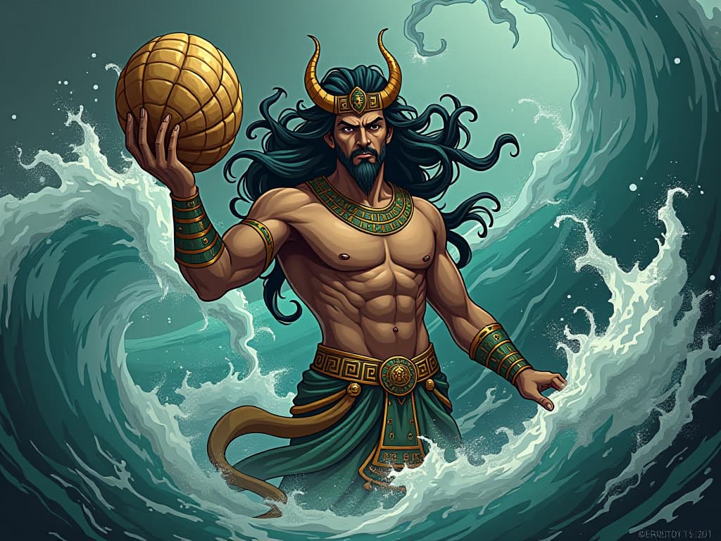  triton, surrounded by tumultuous waters, holding a conch shell, his expression resolute, showcasing his mastery over the ocean. the style is digital art illustration / modern comic book / mysterious occult, symbolic, esoteric vibe,high detail on character design, incorporating ancient egyptian symbology and attire.