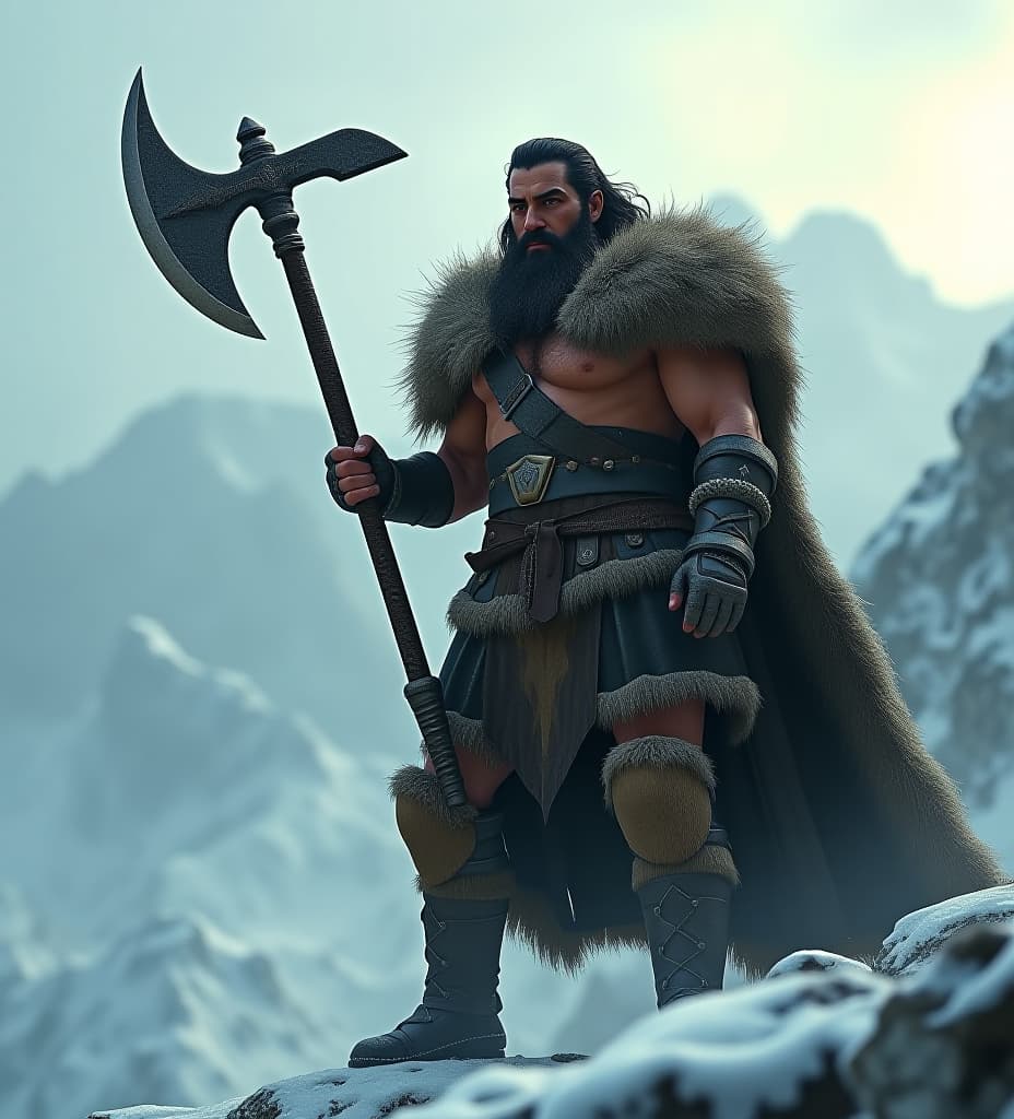  create a highly realistic render of a dark haired, bearded male barbarian standing on a snowy mountaintop, wielding a massive spiked axe. the barbarian should have a rugged, muscular build, with his hair and beard slightly frosted from the cold. his fur lined armor should be detailed, with visible textures of worn leather and metal, appropriate for a warrior in harsh, icy conditions. the scene should be styled as if filmed in the 1950s with super panavision 70, featuring a widescreen aspect ratio, deep contrasts, and dramatic, cinematic lighting. the snowy landscape should be vast and majestic, with towering, jagged peaks and swirling snow, evoking an epic, larger than life atmosphere. add a subtle vintage effect, with light film grain, sof