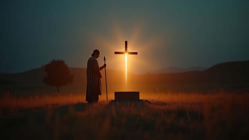  history of biblical times, gideon building an altar to god in a field, inscribed with 'the lord is peace', amidst the quiet night. hyperrealistic, full body, detailed clothing, highly detailed, cinematic lighting, stunningly beautiful, intricate, sharp focus, f/1. 8, 85mm, (centered image composition), (professionally color graded), ((bright soft diffused light)), volumetric fog, trending on instagram, trending on tumblr, HDR 4K, 8K