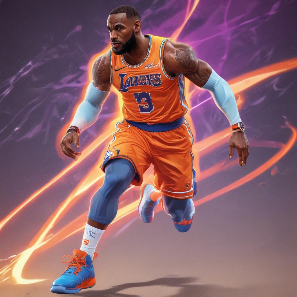 distance-shot, flashy, full-body, dynamic, holographic, animated cartoon poster of lebron james in the style of dragon ball super