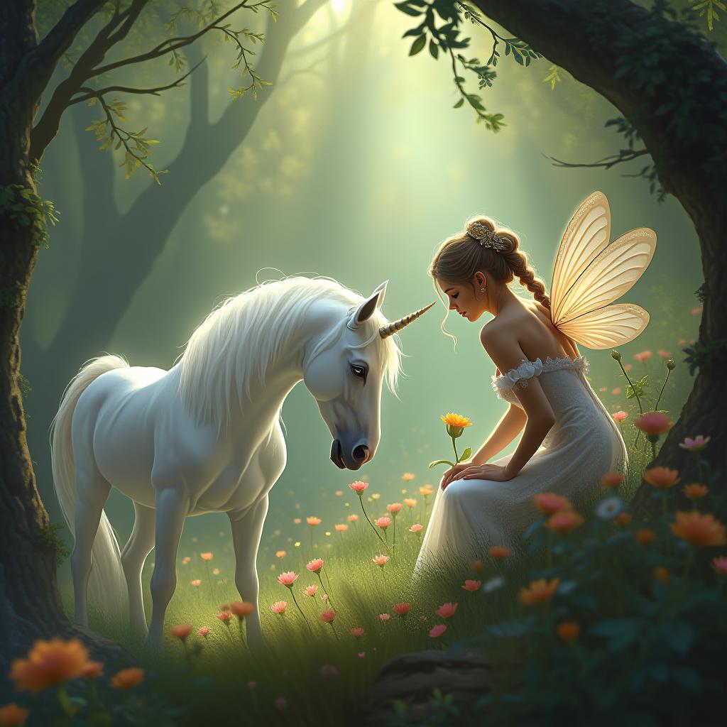  an enchanted forest scene where every action and intention are symbolized. a serene fairy in delicate, radiant attire, tending to glowing flowers while a translucent unicorn grazes nearby. the air is filled with sparkling dust, and the atmosphere is one of purposeful serenity.. the style is digital art illustration,highly detailed, whimsical,magical, dreamlike atmosphere, realism and fantasy blend, smooth, glossy textures,luminous quality, wonder and enchantment. hyperrealistic, full body, detailed clothing, highly detailed, cinematic lighting, stunningly beautiful, intricate, sharp focus, f/1. 8, 85mm, (centered image composition), (professionally color graded), ((bright soft diffused light)), volumetric fog, trending on instagram, trending on tumblr, HDR 4K, 8K