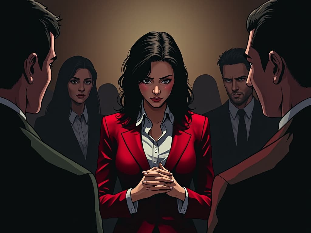  colleague in red business attire, tearful apology, surrounded by affected individuals, mood of personal growth and reconciliation. the style is digital art illustration / modern comic book / graphic dark novel fantasy and mysterious occult, symbolic, moody lighting, esoteric vibe,high detail on character design. for the color scheme emphasize blacks and reds.