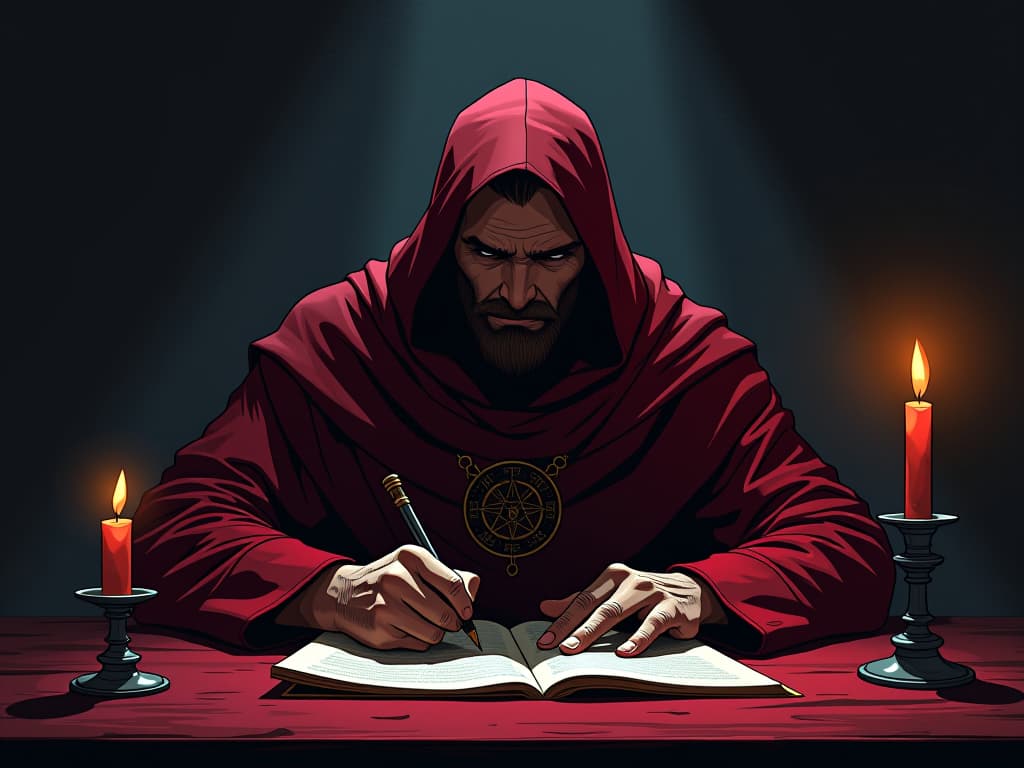  man in red robes, writing in a dark room, seeking forgiveness, dim candlelight. the style is digital art illustration / modern comic book / graphic dark novel fantasy and mysterious occult, symbolic, moody lighting, esoteric vibe,high detail on character design. for the color scheme emphasize blacks and reds.