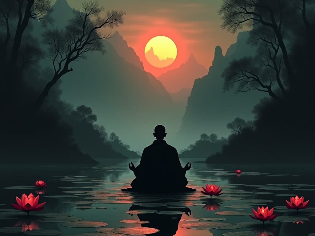  a monk sitting in serene meditation before a lotus pond, symbols of enlightenment and peace hovering above, dawn light breaking, a peaceful and reflective atmosphere.. the style is dark fantasy and mysterious occult, symbolic, moody lighting, esoteric vibe,high detail on character design. for the color scheme emphasize blacks and reds.