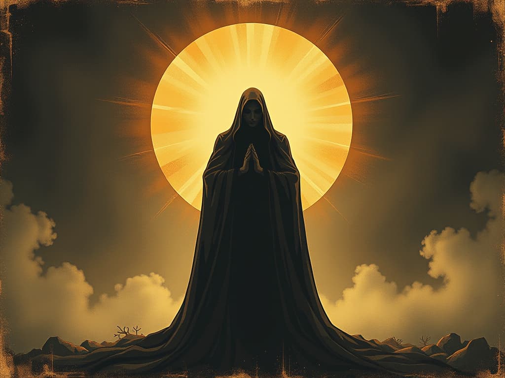  a powerful figure silhouetted against a glowing aura, energy radiating. an illustration in the style of a worn, mystical old tarot trump card, mysterious and elements of surrealism. the colors are muted, somber and eerie, but with contrast bring out an occult and esoteric vibe.