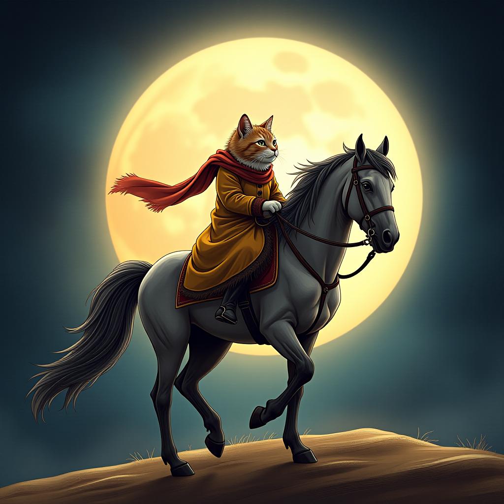  a cat riding a horse, hand drawn, on the moon, studio light, hdr 4k hyperrealistic, full body, detailed clothing, highly detailed, cinematic lighting, stunningly beautiful, intricate, sharp focus, f/1. 8, 85mm, (centered image composition), (professionally color graded), ((bright soft diffused light)), volumetric fog, trending on instagram, trending on tumblr, HDR 4K, 8K