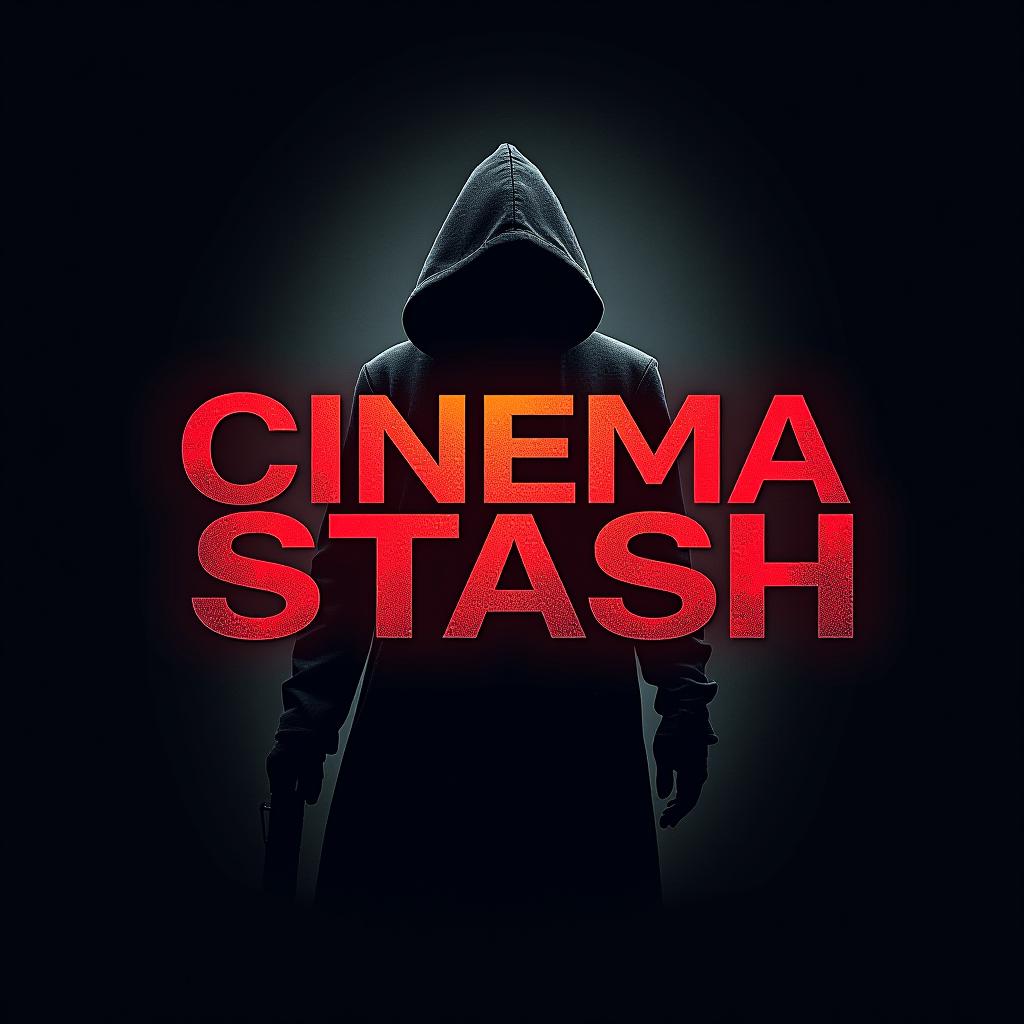  a movie poster logo of word "cinema stash", dark theme include character