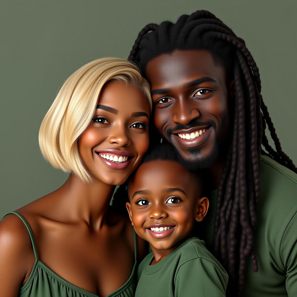  make an image of a short bob blonde white woman and a black man with long dreads and their mixed son wearing green