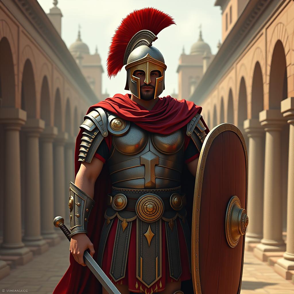  roman soldier me, a roman soldier, standing in a ancient roman city, wearing a helmet, armor, and carrying a sword and shield, digital illustration, historical, realistic, ancient, art inspirations: frank frazetta, donato giancola, camera: medium shot, shot: close up, render: highly detailed, 4k, raw photo, lighting: soft ambient light, resolution: high resolution, detail: highly detailed, color: earthy tones, lens: 50mm, view: front, keywords: roman soldier, ancient roman city, helmet, armor, sword, shield, historical, realistic, ancient, frank frazetta, donato giancola, medium shot, close up, highly detailed, 4k, raw, soft ambient light, high resolution, highly detailed, earthy tones, 50mm, front, award winning, professional, highly detai