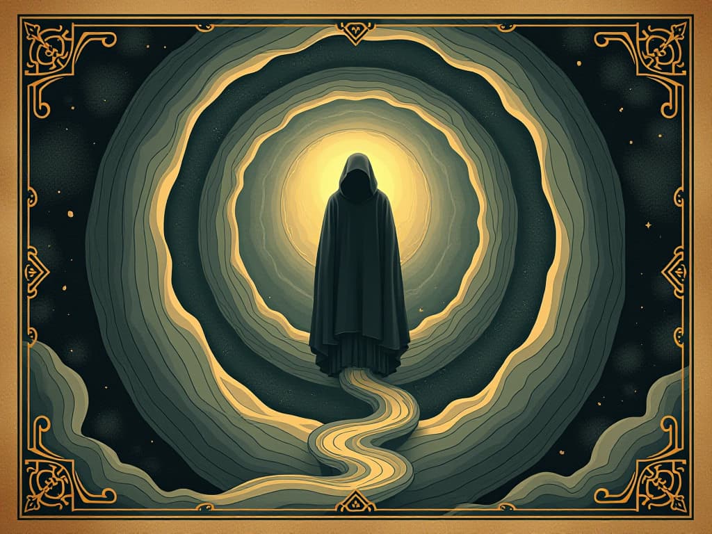  a figure enveloped in a luminous spiral, transitioning between dimensions, cosmic portals opening, biological time travel, evolution beyond this dimension. an illustration in the style of a worn, mystical old tarot trump card, mysterious and elements of surrealism. the colors are muted, somber and eerie, but with contrast bring out an occult and esoteric vibe.