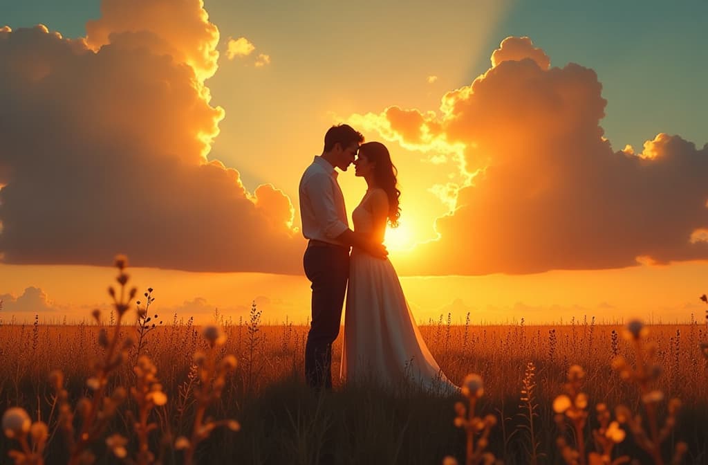  a romance tinged couple, silhouetted in a field under a breathtaking sunset. the golden rays pierce through billowing clouds, casting a warm glow on their entwined figures. this scene is depicted in a stunningly realistic oil painting, capturing the tender moment with intricate detail. the couple's bodies are delicately outlined, their love palpable in the way they hold each other. the dramatic sky above them adds a sense of awe and wonder, making this image an instant classic., realistic, portrait, art by donato giancola and greg rutkowski, realistic face, digital art, trending on artstation hyperrealistic, full body, detailed clothing, highly detailed, cinematic lighting, stunningly beautiful, intricate, sharp focus, f/1. 8, 85mm, (centered image composition), (professionally color graded), ((bright soft diffused light)), volumetric fog, trending on instagram, trending on tumblr, HDR 4K, 8K