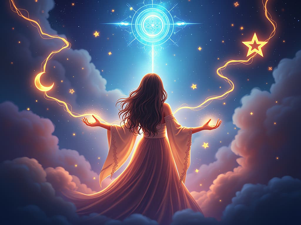  mystic directing reclaimed energy towards life's purpose, glowing symbols and ethereal light showing alignment with soul's journey.. the style is digital art illustration,highly detailed, whimsical,magical, dreamlike atmosphere, realism and fantasy blend, smooth, glossy textures,luminous quality, wonder and enchantment.