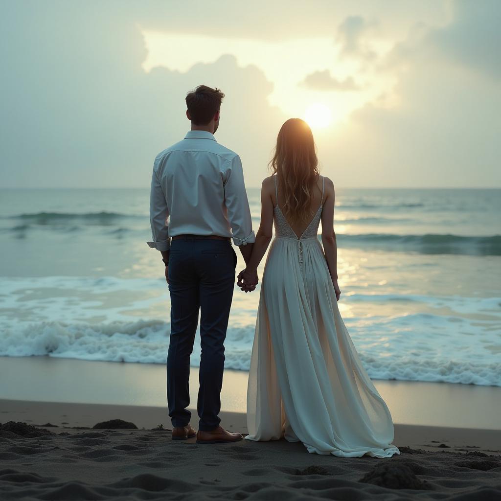  the lovers stand with their backs to the ocean, holding hands. hyperrealistic, full body, detailed clothing, highly detailed, cinematic lighting, stunningly beautiful, intricate, sharp focus, f/1. 8, 85mm, (centered image composition), (professionally color graded), ((bright soft diffused light)), volumetric fog, trending on instagram, trending on tumblr, HDR 4K, 8K